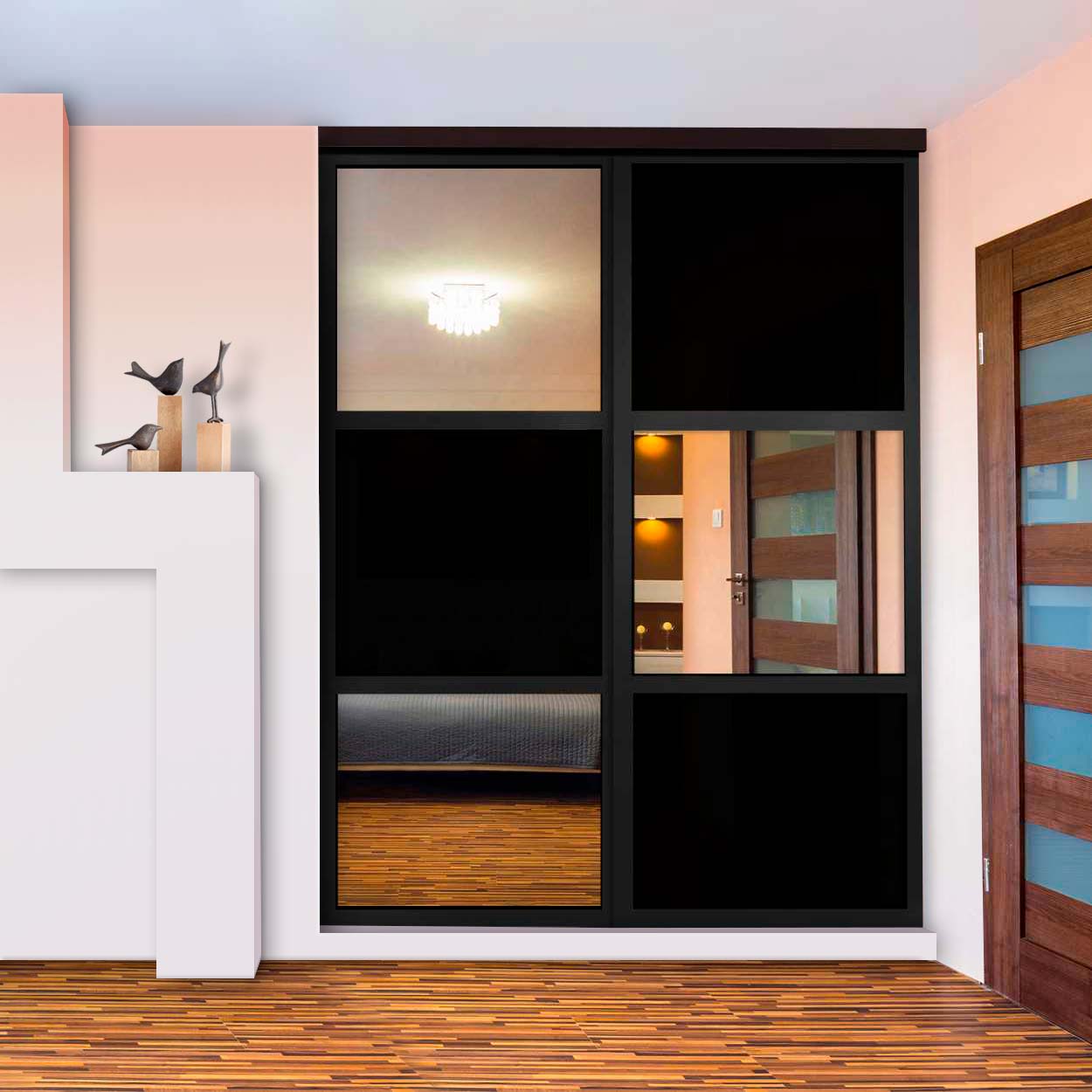 Puerta De Closet Con 2 Paneles - Vidrio Pintado Negro Y Espejo BMSC-2137